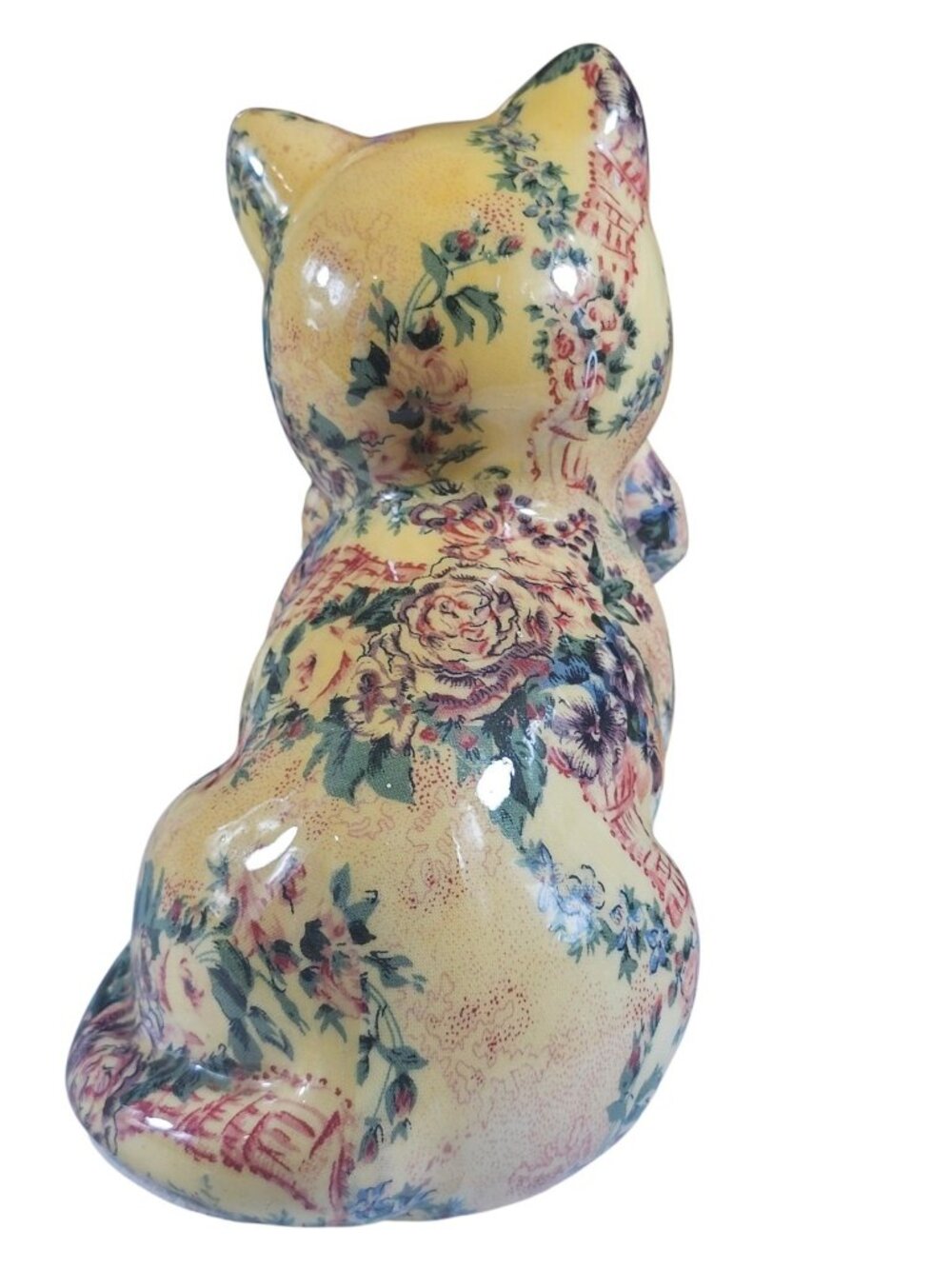 Decoupage Glazed Kitty Cat Ceramic Figurine Country Floral Fabric 7x6" Vintage - Picture 3 of 7